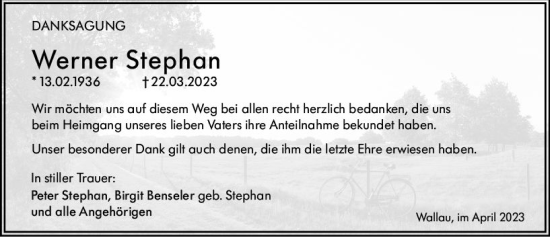 Traueranzeige von Werner Stephan von Hinterländer Anzeiger
