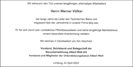 Traueranzeige von Werner Völker von Nassauische Neue Presse