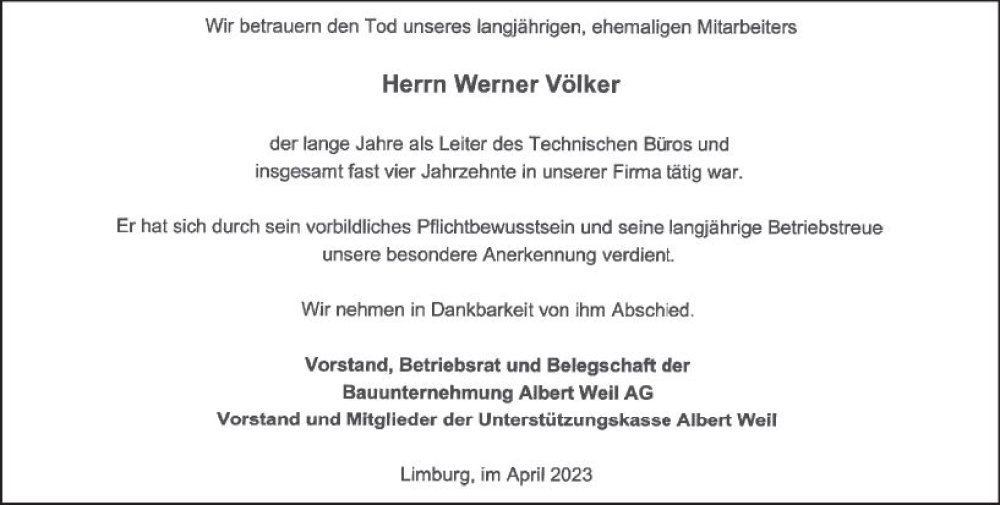  Traueranzeige für Werner Völker vom 05.04.2023 aus Nassauische Neue Presse