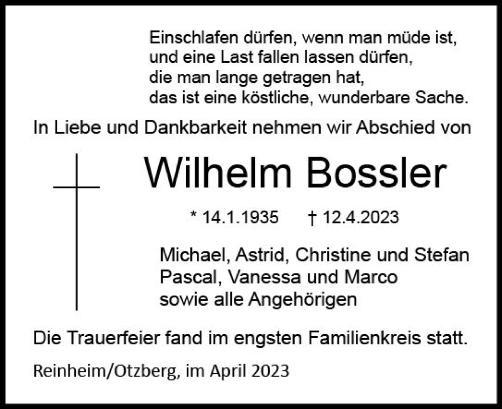  Traueranzeige für Wilhelm Bossler vom 22.04.2023 aus Darmstädter Echo
