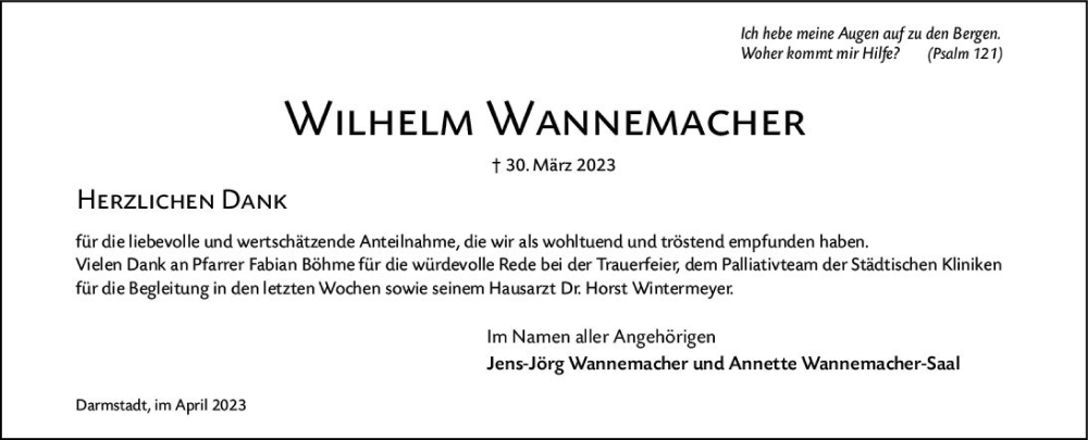 Traueranzeige für Wilhelm Wannemacher vom 22.04.2023 aus Darmstädter Echo