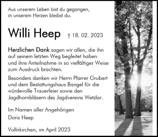 Traueranzeige von Willi Heep von Wetzlarer Neue Zeitung