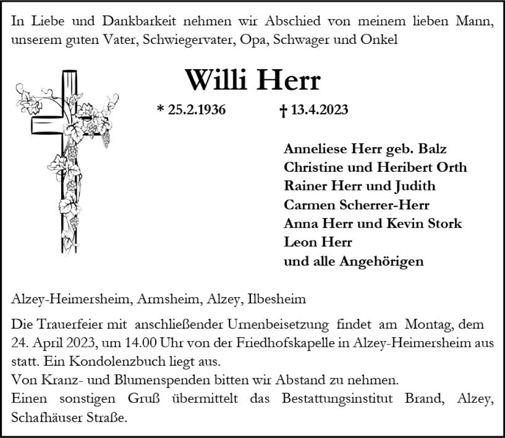  Traueranzeige für Willi Herr vom 15.04.2023 aus Allgemeine Zeitung Alzey