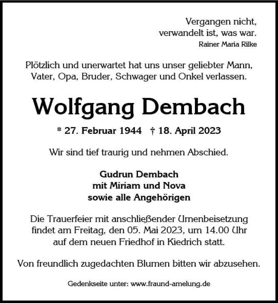  Traueranzeige für Wolfgang Dembach vom 29.04.2023 aus Wiesbadener Kurier