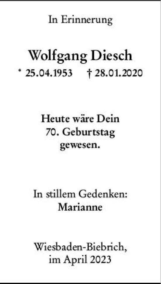 Traueranzeige von Wolfgang Diesch von Wiesbadener Kurier