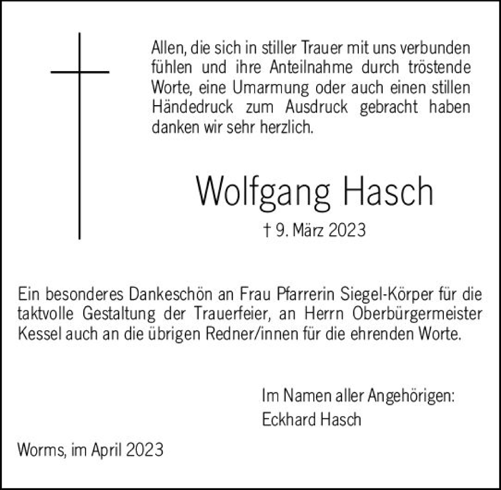  Traueranzeige für Wolfgang Hasch vom 15.04.2023 aus Wormser Zeitung