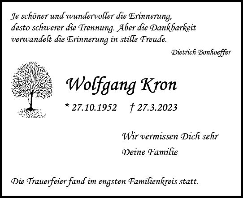  Traueranzeige für Wolfgang Kron vom 29.04.2023 aus Allgemeine Zeitung Mainz