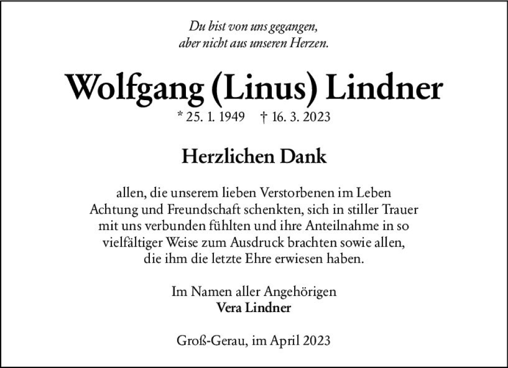  Traueranzeige für Wolfgang Lindner vom 08.04.2023 aus Groß-Gerauer Echo