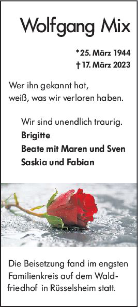 Traueranzeige von Wolfgang Mix von Rüsselsheimer Echo