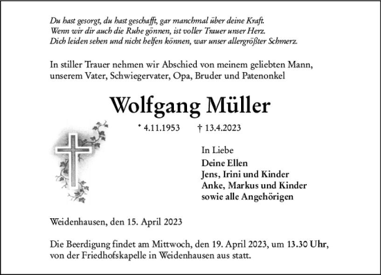 Traueranzeige von Wolfgang Müller von Hinterländer Anzeiger