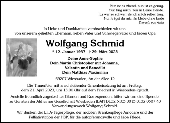 Traueranzeige von Wolfgang Schmid von Wiesbadener Kurier