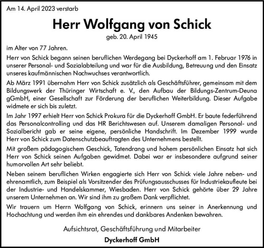  Traueranzeige für Wolfgang von Schick vom 22.04.2023 aus Wiesbadener Kurier