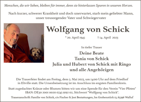 Traueranzeige von Wolfgang von Schick von Wiesbadener Kurier