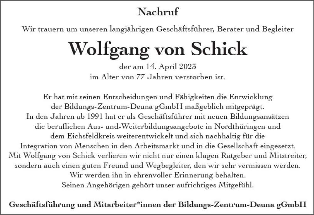  Traueranzeige für Wolfgang von Schick vom 22.04.2023 aus Wiesbadener Kurier