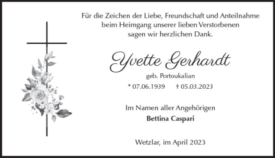 Traueranzeige von Yvette Gerhardt von Wetzlarer Neue Zeitung