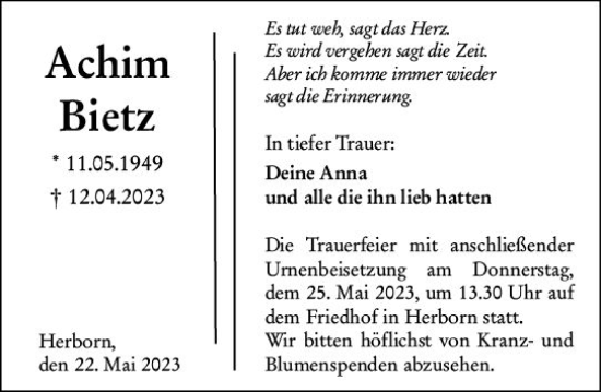 Traueranzeige von Achim Bietz von Dill Block