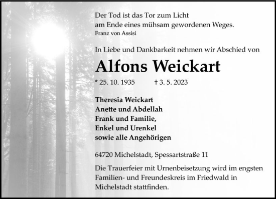 Traueranzeige von Alfons Weickart von Odenwälder Echo
