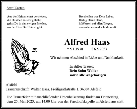 Traueranzeige von Alfred Haas von VRM Trauer