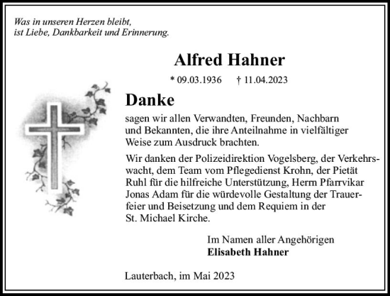 Traueranzeige von Alfred Hahner von VRM Trauer
