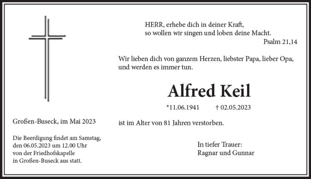  Traueranzeige für Alfred Keil vom 05.05.2023 aus Wetzlarer Neue Zeitung