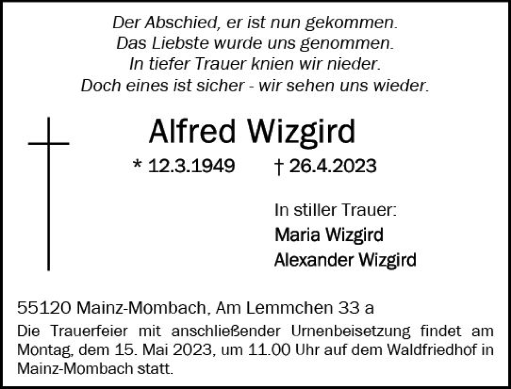  Traueranzeige für Alfred Wizgird vom 06.05.2023 aus Allgemeine Zeitung Mainz