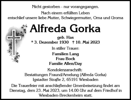 Traueranzeige von Alfreda Gorka von Wiesbadener Kurier