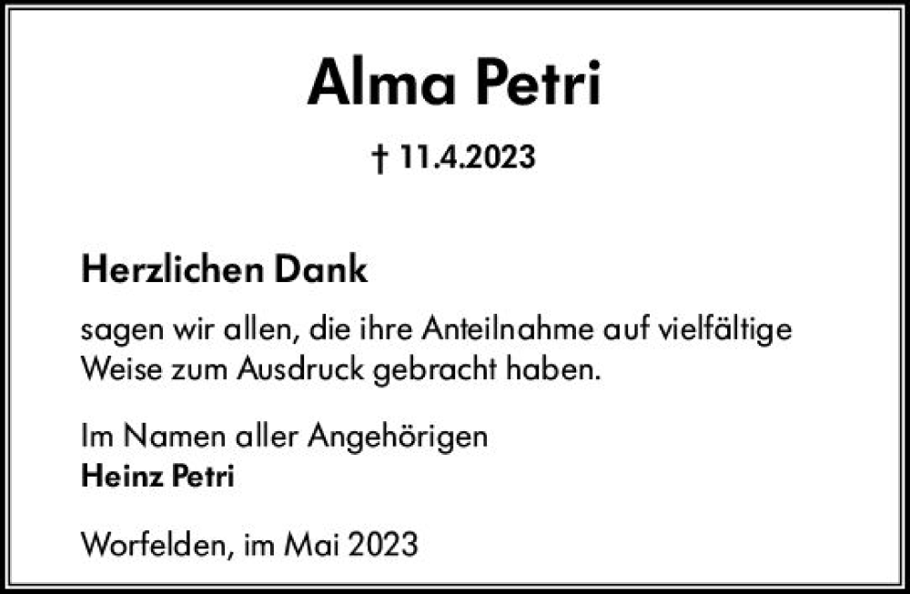  Traueranzeige für Alma Petri vom 20.05.2023 aus Groß-Gerauer Echo