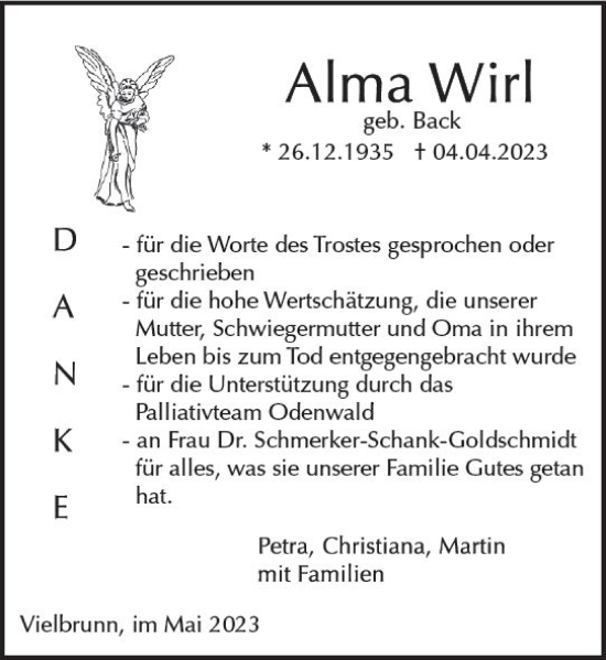 Traueranzeige von Alma Wirl von Odenwälder Echo