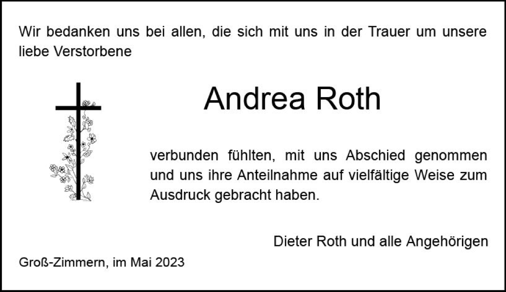  Traueranzeige für Andrea Roth vom 27.05.2023 aus Dieburger Anzeiger/Groß-Zimmerner Lokal-Anzeiger