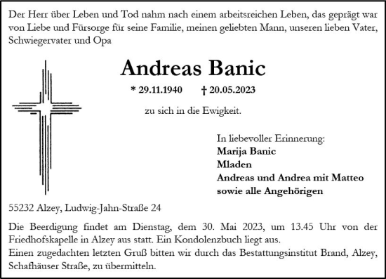 Traueranzeige von Andreas Banic von Allgemeine Zeitung Alzey