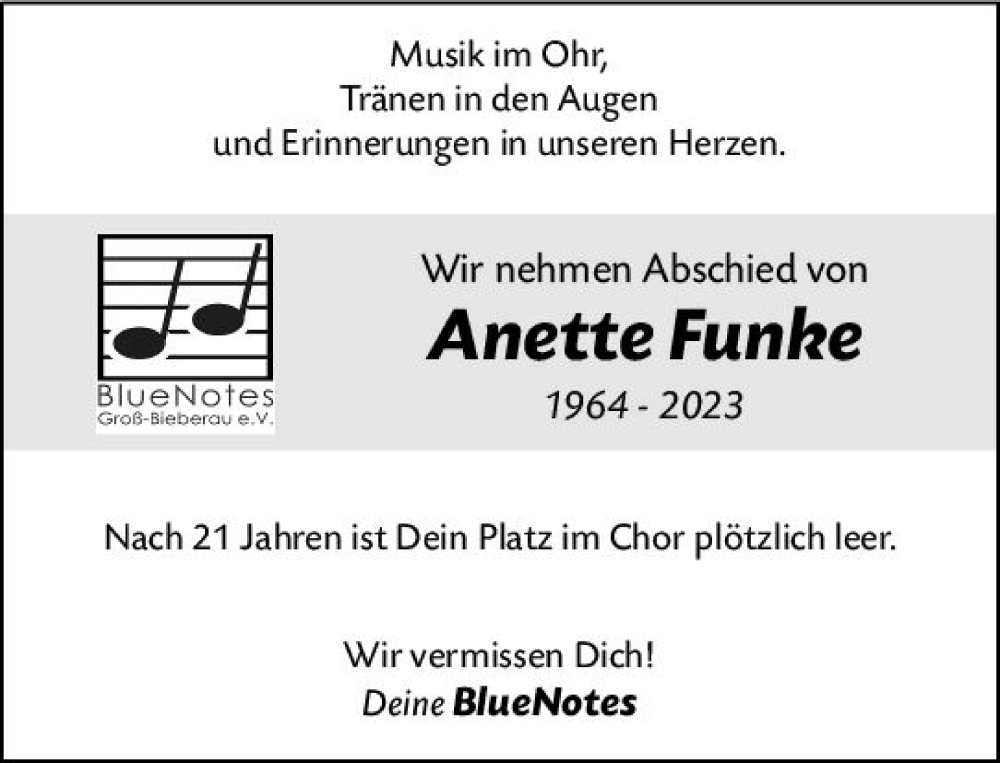  Traueranzeige für Anette Funke vom 06.05.2023 aus Darmstädter Echo