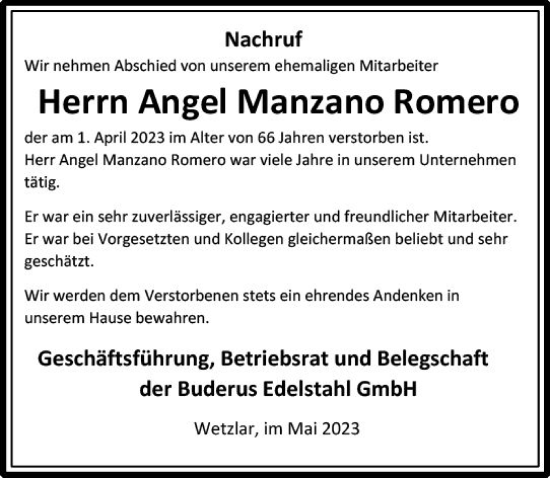 Traueranzeige von Angel Manzano Romero von Wetzlarer Neue Zeitung
