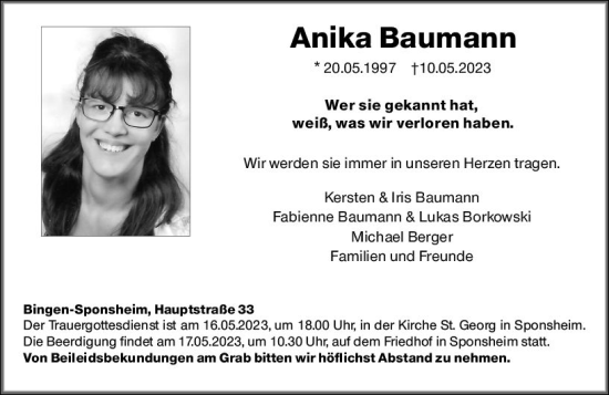 Traueranzeige von Anika Baumann von Allgemeine Zeitung Bingen/Ingelheim
