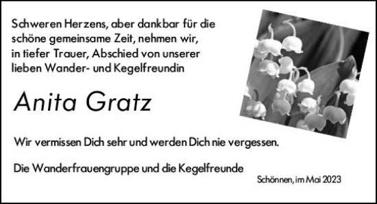 Traueranzeige von Anita Gratz von Odenwälder Echo