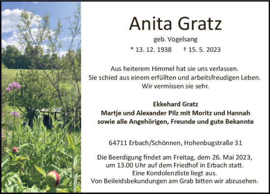 Traueranzeige von Anita Gratz von Odenwälder Echo