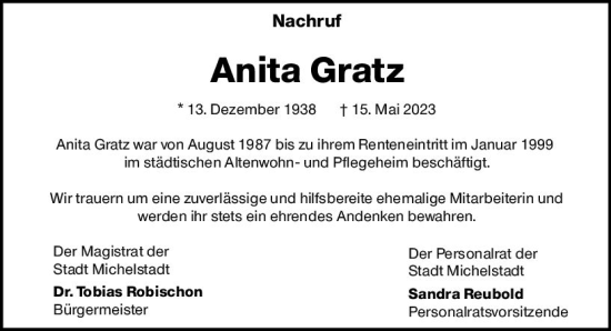 Traueranzeige von Anita Gratz von Odenwälder Echo