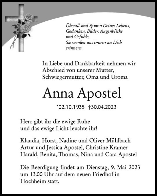 Traueranzeige von Anna Apostel von Hochheimer Zeitung