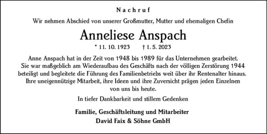 Traueranzeige von Anneliese Anspach von Darmstädter Echo