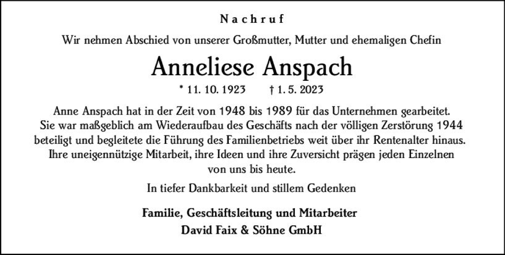  Traueranzeige für Anneliese Anspach vom 27.05.2023 aus Darmstädter Echo