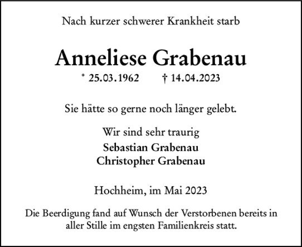 Traueranzeige für Anneliese Grabenau vom 05.05.2023 aus Hochheimer Zeitung