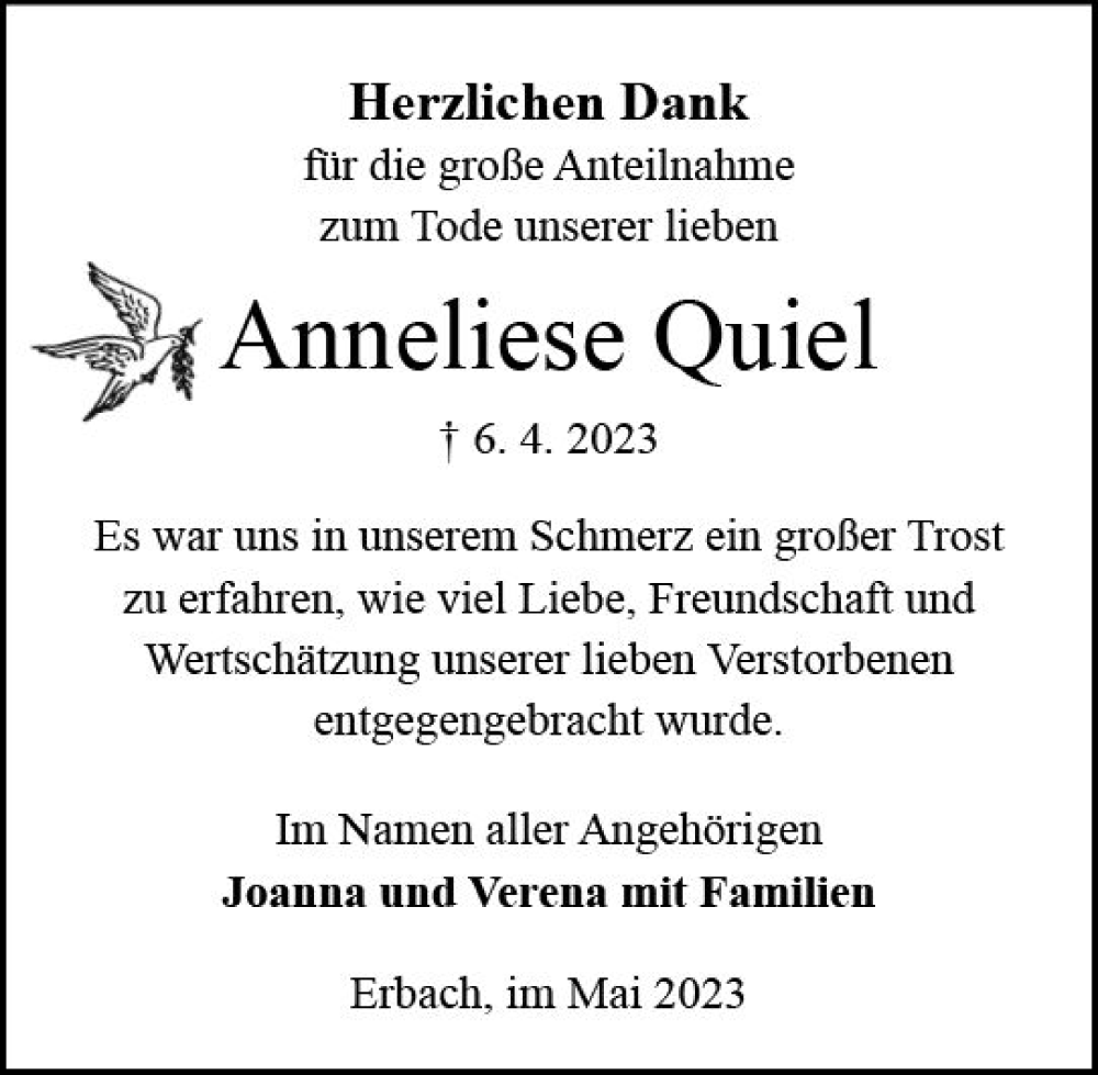  Traueranzeige für Anneliese Quiel vom 06.05.2023 aus Odenwälder Echo