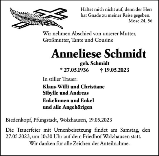 Traueranzeige von Anneliese Schmidt von Hinterländer Anzeiger
