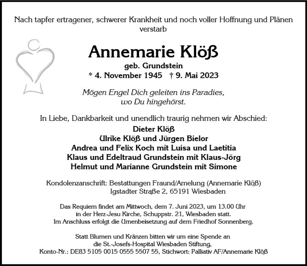  Traueranzeige für Annemarie Klöß vom 27.05.2023 aus Wiesbadener Kurier