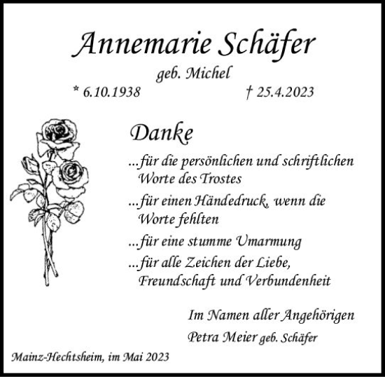 Traueranzeige von Annemarie Schäfer von Allgemeine Zeitung Mainz