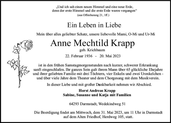 Traueranzeige von Anne Mechtild Krapp von Darmstädter Echo