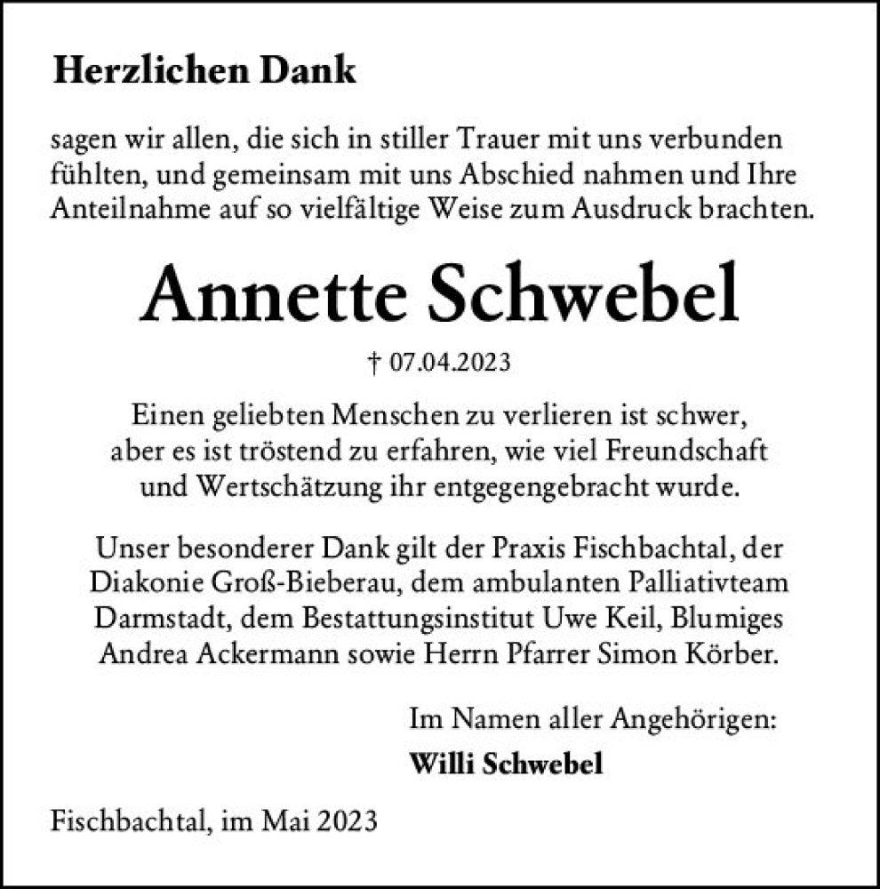  Traueranzeige für Annette Schwebel vom 20.05.2023 aus Odenwälder Echo