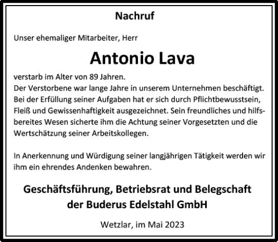Traueranzeige von Antonio Lava von Wetzlarer Neue Zeitung