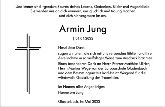 Traueranzeige von Armin Jung von Hinterländer Anzeiger