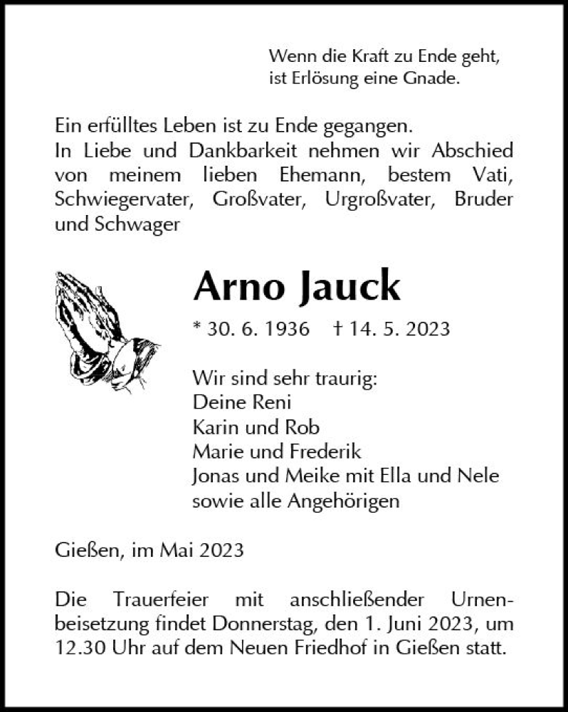 Traueranzeige für Arno Jauck vom 27.05.2023 aus Wetzlarer Neue Zeitung