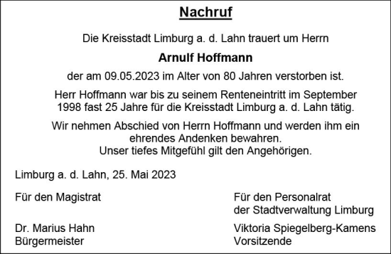 Traueranzeige von Arnulf Hoffmann von Nassauische Neue Presse